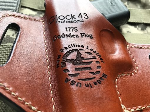 1775, Gadsden Flag, Holster, Laser Engraved, Customized, Custom, Engraving. OWB, Gun Safety, Use Firearm Safely, Safe Gun Use, Safe Firearm Use