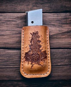Laser Engraved, magazine holder, spring clip, belt holder, leather, Thor's Hammer. Mjolnir
