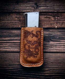 Mardi Gras, Skull, Laser Engraved, magazine holder, spring clip, belt holder, leather, Gun Safety, Firearm Safety